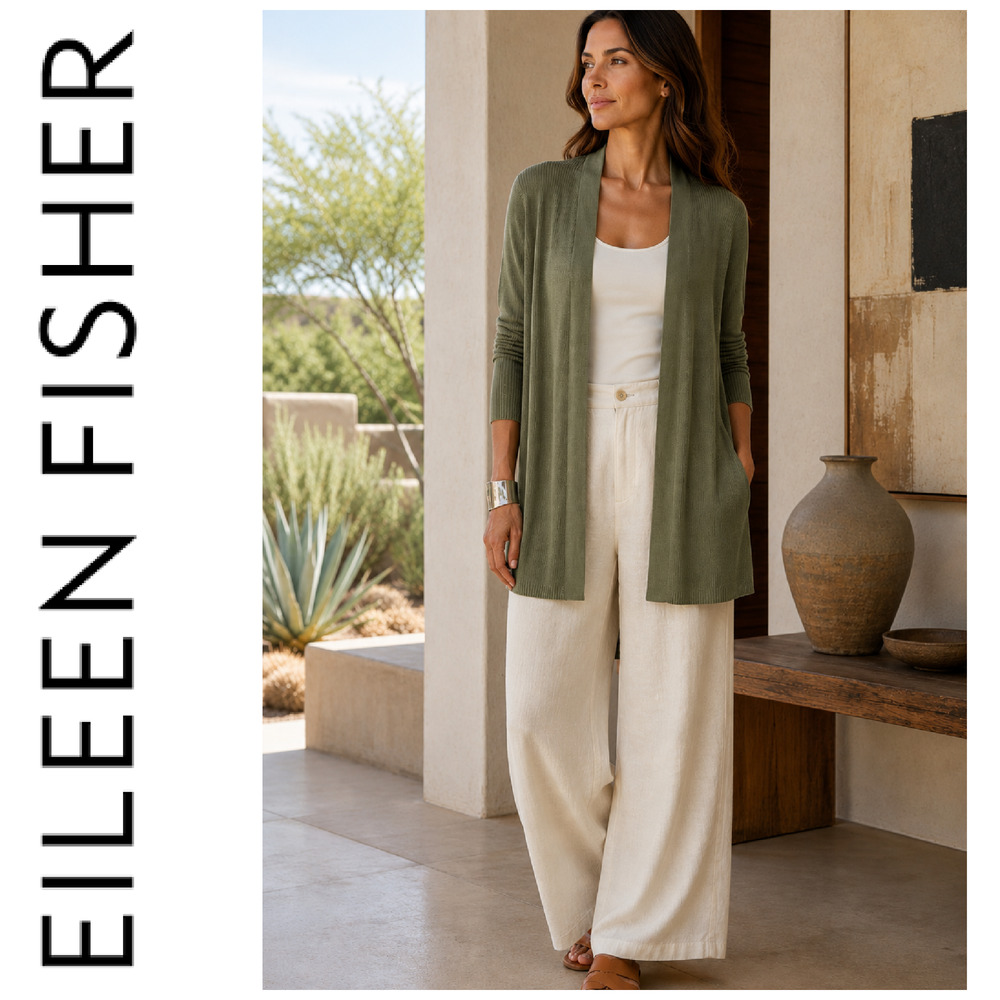Eileen Fisher Sz M Organic Cotton Long Cardigan Olive Green Lightweight Peru
